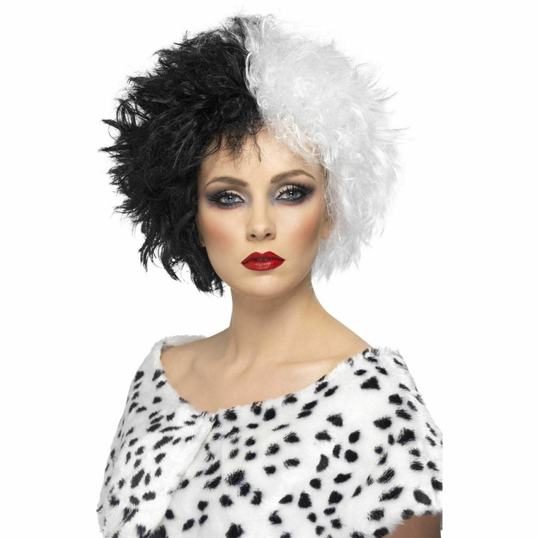 Cruella Black White Hair Wig Fancy Dress Costume Evil Bad Ladies Girl Dalmatian
