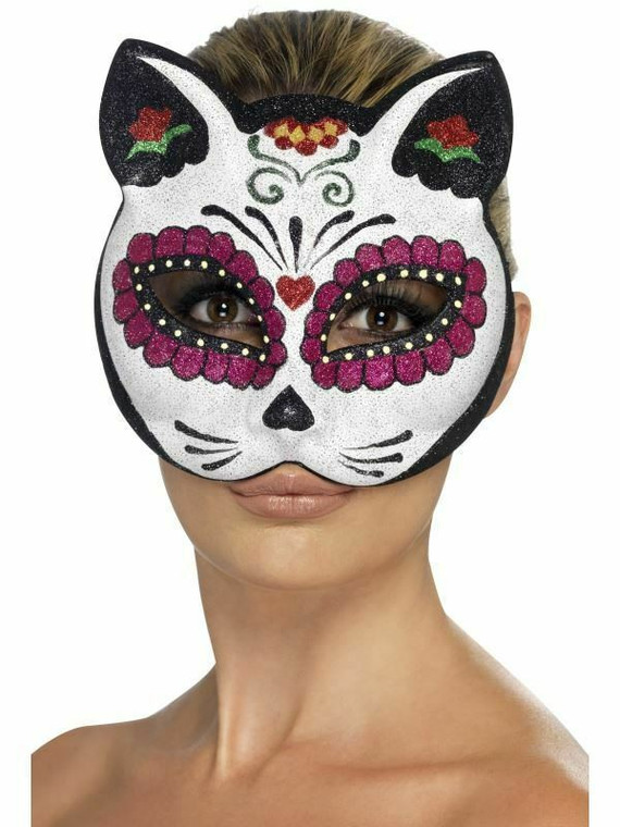 Adult Sugar Skull Eye Mask Cat Day of The Dead Skeleton Halloween Fancy Dress