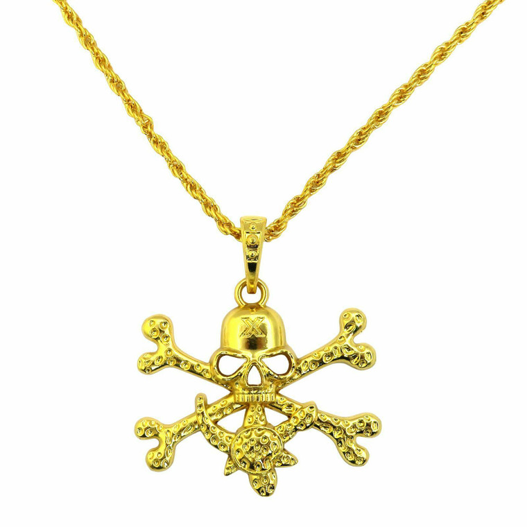 Skull Crossbone Gold Pirate Treasure Pendant Necklace Fancy Dress Captain Jack