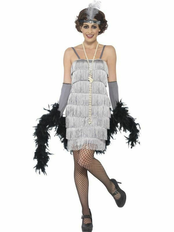 Adult Short Silver Flapper Costume 1920s Gatsby Ladies Fancy Dress Outfit 8-10