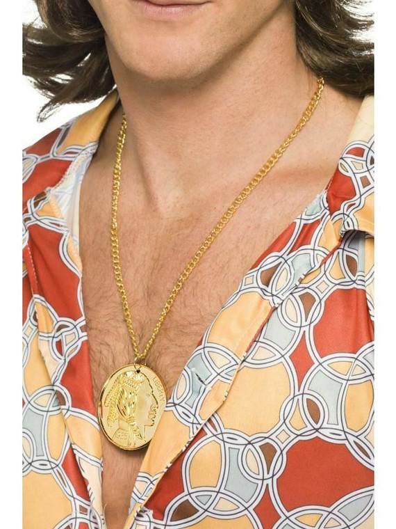 Gold Metal Medallion On Chain Pimp Disco 70S Jewellery Fancy Dress Accessory