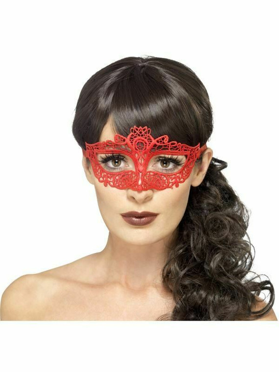 Ladies Embroidered Lace Filigree Eye Mask Venetian Masquerade Masked Ball Red