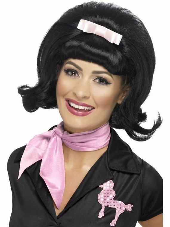 Smiffys 1950s Black Flicked Beehive Bob Wig With Ribbon Bow Housewife One Size