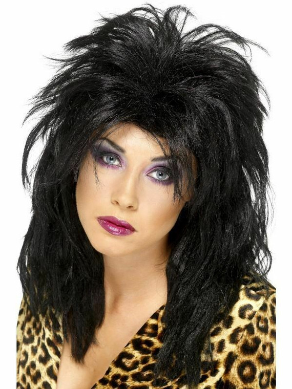 80s Rock Diva Wig Black Tina Messy Mullet Ladies Fancy Dress Costume Accessory