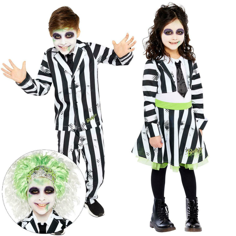 Official Beetlejuice Boys Girls Halloween Gothic Wig Ghost Fancy Dress Costume