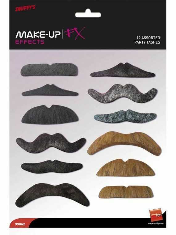 12 Pc Moustache Set Assorted Tash Adults Comedy Fancy Dress Mens Womens Funny