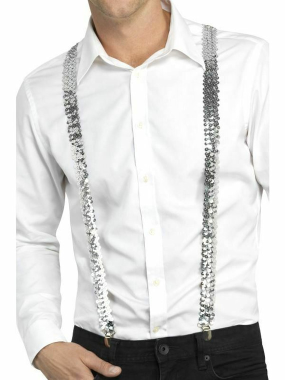 Adults Sequin Braces Unisex Suspenders Fancy Dress Costume Accessory Silver