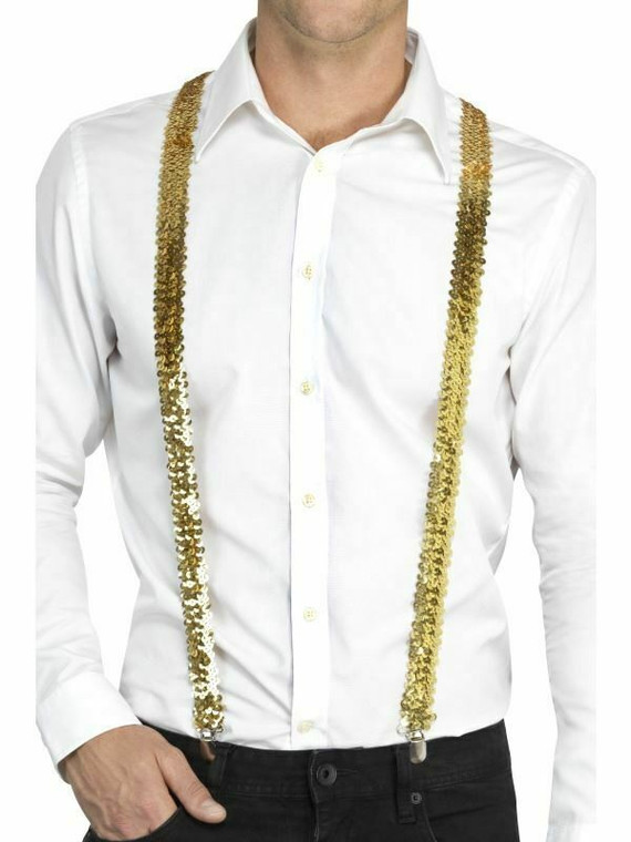 Sequin Braces Showbiz TV Dance Mens Adults Fancy Dress Costume Accessory Gold