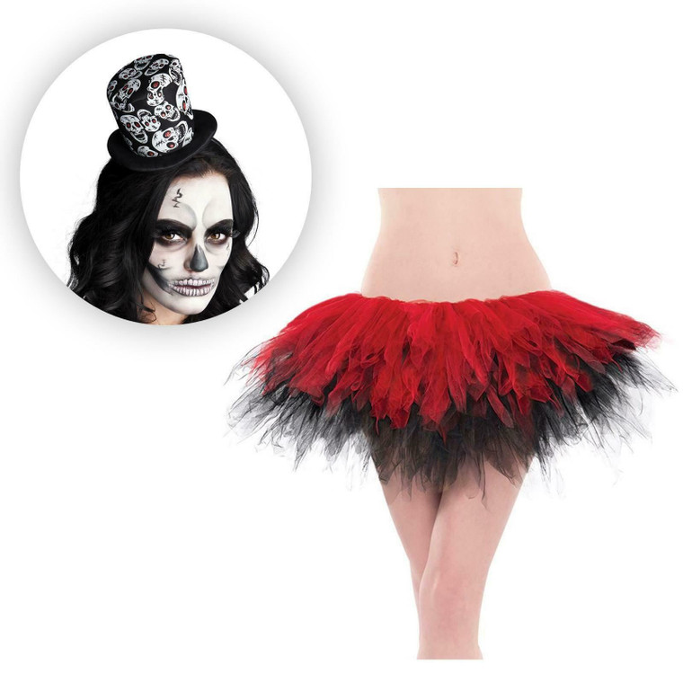 Day of the Dead Senorita Tutu Fancy Dress Halloween Skeleton Skull Top Hat Set