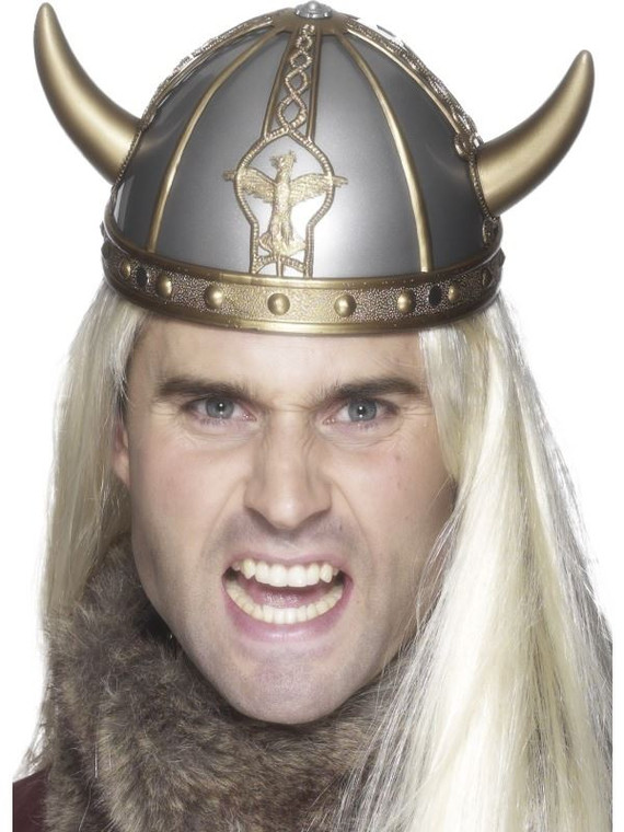 Mens Gold And Silver Viking Helmet With Horns Fancy Dress Accessory