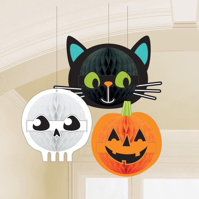 Witches Cat, Skeleton Skull And Pumpkin Honeycomb Party Decoration