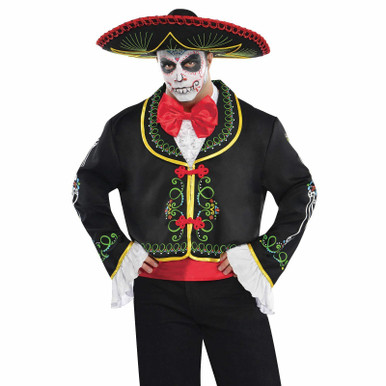 Mens Day of the Dead Senor Bones Halloween Costume with Sombrero