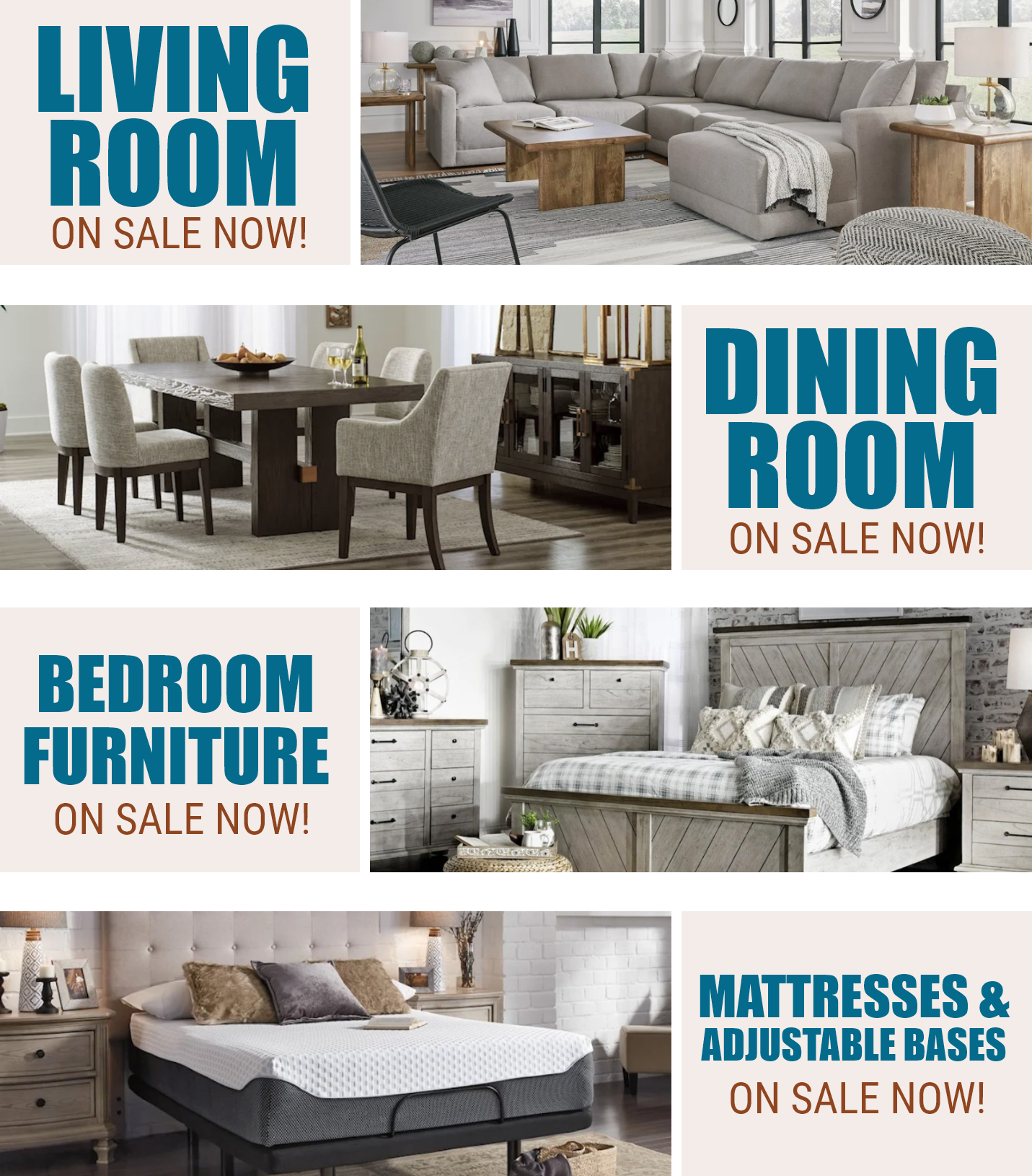 Living Room, Dining, Bedroom & Mattresses on sale