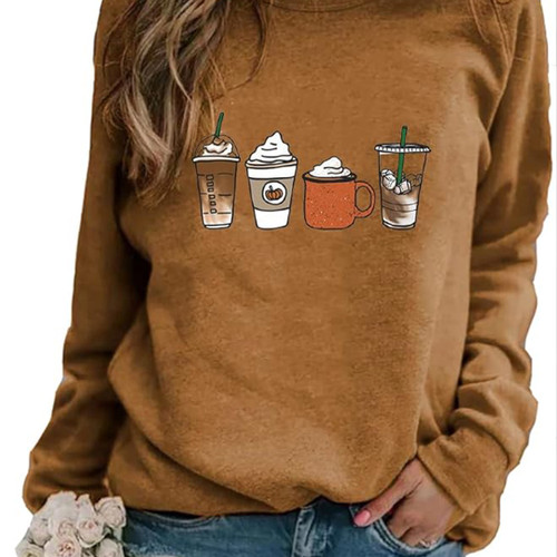 Ykomow Sudadera de otoño y café para mujer con diseño de calabaza y especias Ykomow Sudadera de otoño y café para mujer con diseño de calabaza y especias