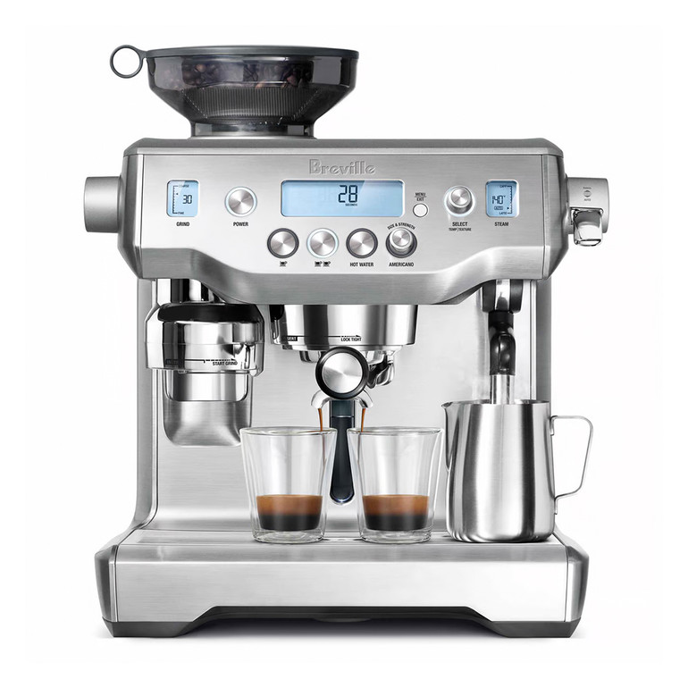 La especialidad del café en casa de forma automática.
Oracle puede moler, dosificar, prensar y espumar leche de forma automática. Puedes extraer espresso y espumar la leche simultáneamente: de granos a latte en menos de un minuto.