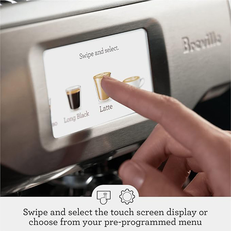 La Breville Barista Touch ofrece café de especialidad en casa utilizando la fórmula de las 4 claves y forma parte de la serie Barista que ofrece máquinas de café espresso todo en uno con molinillo integrado para pasar de los granos al espresso en menos de un minuto