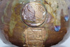 Antique three-leaf hollyhock crest marked pottery bowl #4925