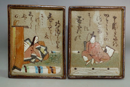 sale: Ogata Kenzan (1663-1743) Set of 2 antique Hyakunin-Isshu karuta plates
