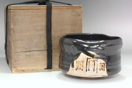 Kato Shuntai (1802-1877) Antique Black-oribe pottery tea bowl  #4860