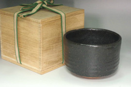SETOGURO Vintage Black Japanese Pottery Tea Ceremony Bowl w Wooden Box #5401