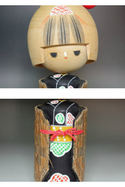 Japanese Kokeshi Doll with Bobbed Hair and Red Accent #5505