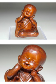 Japanese Wooden miniature carving Smiling Young Monk #5506