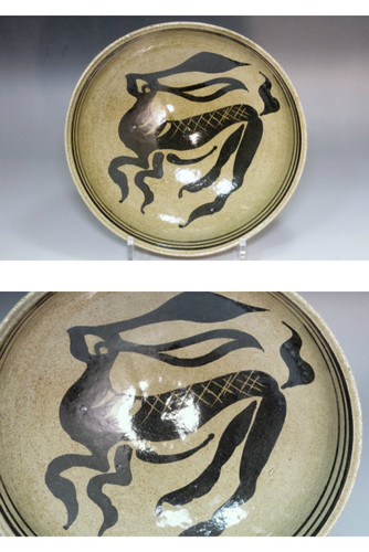 Ceramic Bowl with Bold Black Brushwork Attributed to Bernard Leach #5509