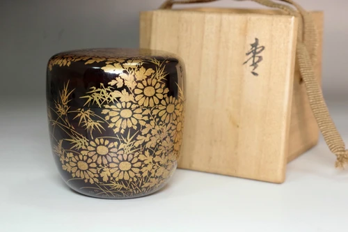 Japanese Chrysanthemum Maki-e Lacquer Natsume Tea Caddy with Box #5520