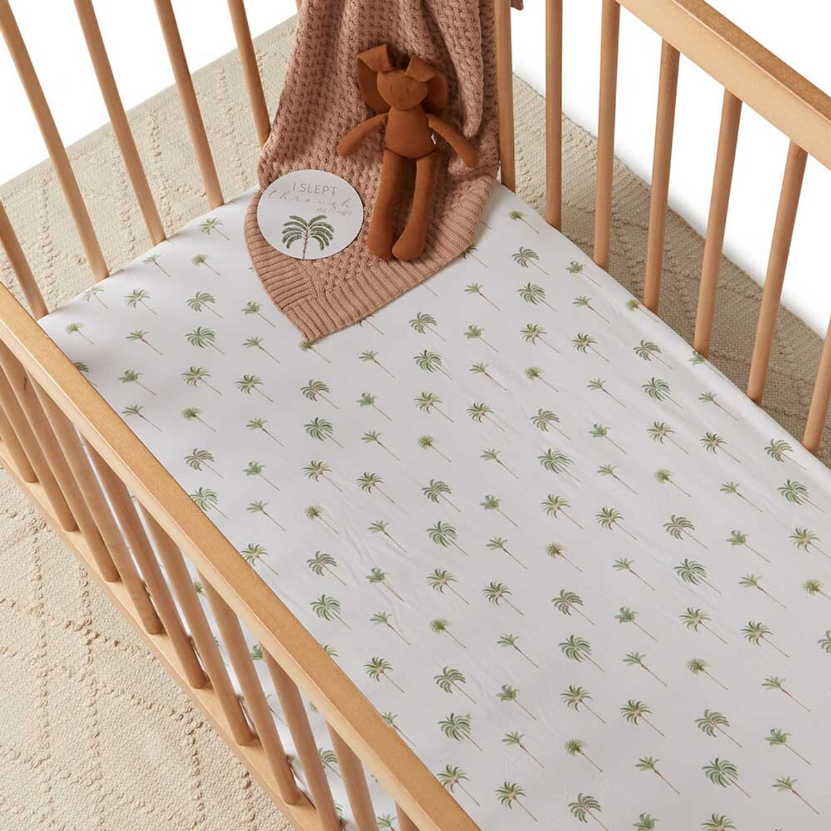 SNUGGLE HUNNY KIDS GREEN PALM FITTED COT SHEET