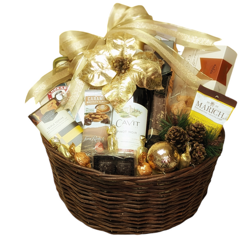 This beautiful and elegant holiday gift basket is filled with delicious and specially curated treats such as cherry almond dark chocolate bar, everything spice organic sourdough flatbread bites, Italian organic coffee, Godiva mint chocolate biscotti, lemon powdered sugar cookies, sea salt milk chocolates, bottle of Italian wine, savory cheddar cheese biscuits, fancy mixed nuts, almond cookies, bruschetta mozzarella cheese, Italian dark chocolate cream wafer cookies, chocolate almonds, Napa Valley hazelnut crepe chocolate, butterscotch marshmallow caramels, chocolate almonds. Festive holiday ornaments included.