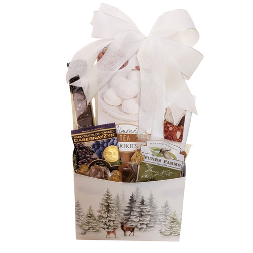 Beautiful winter wonderland gift box includes almond sugar powdered  cookies, lemoncello biscotti, savory almonds-cashews-pecans-olives, chocolate maple & brown sugar popcorn, organic Italian coffee, butterscotch marshmallow caramels, and milk chocolate almonds.