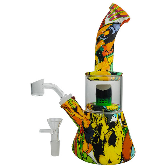 9" Silicone Water Transfer Print Glass Chamber Beaker Water Pipe in Assorted Designs - with 14M Bowl & 4mm Banger