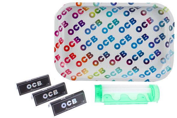 OCB 7.5" x 11.5" Rainbow Rolling Tray, 150 Papers & 4 in 1 Roller