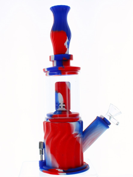 11" 4 in 1 Silicone Glass Hybrid Water Pipe, Nectar Collector, & Mini Rig - Red, White & Blue