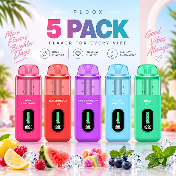 Ploox Vape Pens XS 5 Flavor Pack: 25000 Puffs Each - Nicotine Free