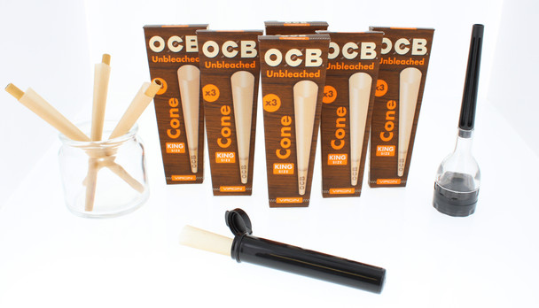 6 Pack of King Size Unbleached Cones with Grinder, Cone Loader, and Doob Tube