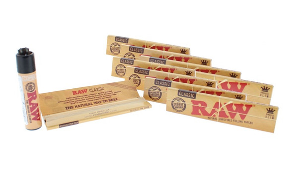 RAW Classic King Size Slim Unrefined Natural Rolling Papers with Lighter 10 Pack