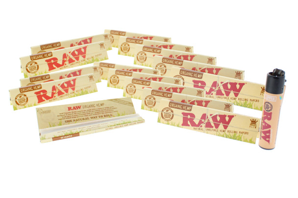 RAW Organic Hemp King Size Slim Unrefined Natural Rolling Papers with Lighter 24 Pack
