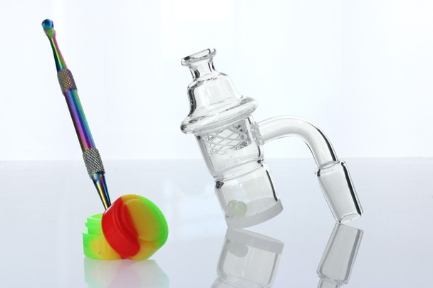 Opaque Bottom Splash Guard 14mm Male 90 Degree Banger Kit with Vortex Carb Cap, Terp Pearls, Dab Tool, & Silicone Jar