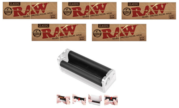 Raw Classic 1 1/4 size 50 Leaves per pack (5 Pack) 250 papers total + Cigarette Roller