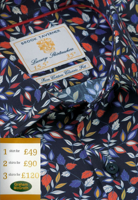 Brook Taverner - Regular Fit Black Floral Print Cotton Shirt
