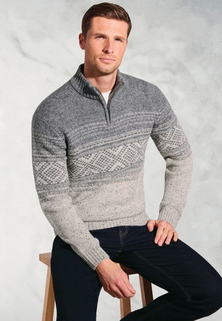 Brook Taverner - Moloney Silver Grey Nep Fairisle Lambswool Zip Neck Jumper