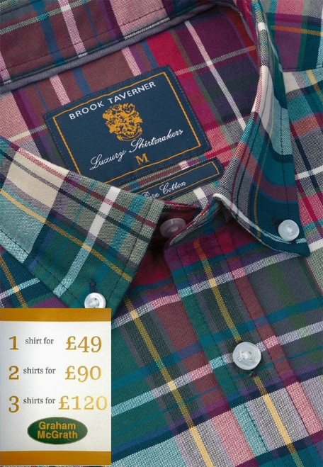 Brook Taverner - Regular Fit Teal Madras Check Oxford Cotton Shirt