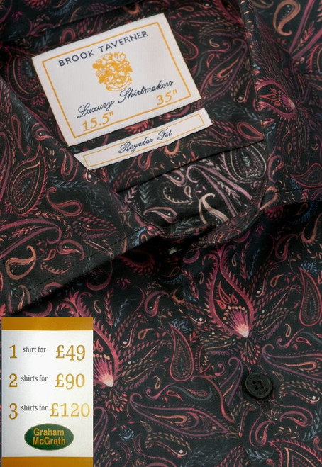 Brook Taverner - Tailored Fit Burgundy Ornate Paisley Print Cotton Shirt