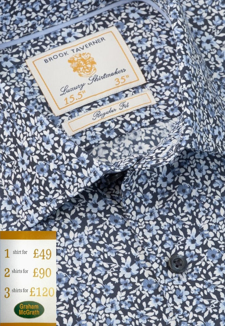 Brook Taverner - Regular Fit Navy Ditsy Floral Cotton Shirt