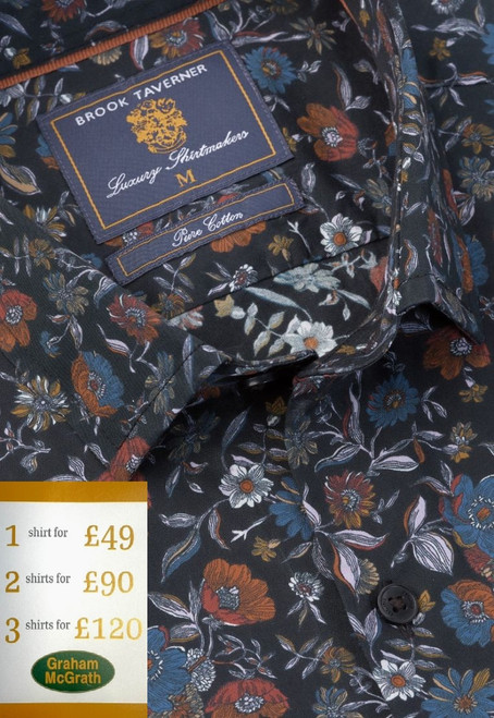 Brook Taverner - Regular Fit Black Multi Ornate Floral Print Cotton Shirt