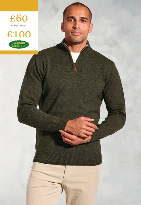 Brook Taverner - Rutherford Khaki Lambswool Zip Neck Jumper