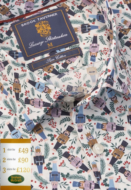Brook Taverner - Regular Fit Ecru Nutcracker Print Cotton Shirt