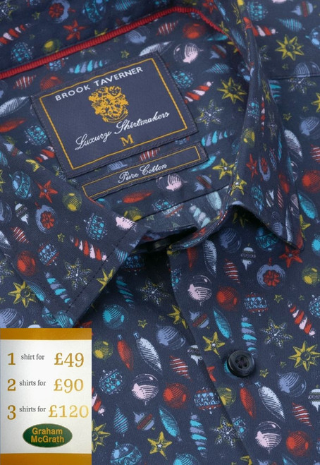 Brook Taverner - Regular Fit Navy Bauble Cotton Print Shirt