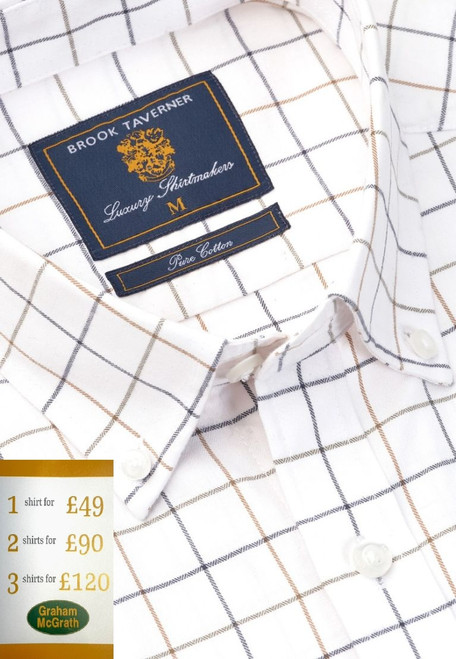 Brook Taverner - Regular Fit Ecru Tattersall Check Cotton Shirt